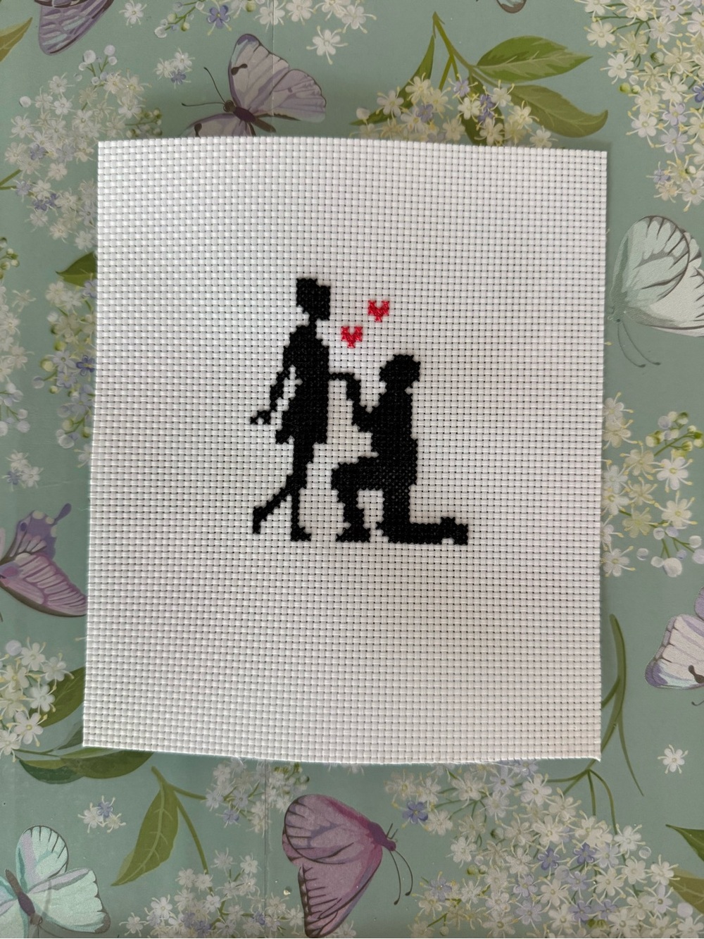 Handmade Cross Stitch Couple engagement Silhouette with Hearts